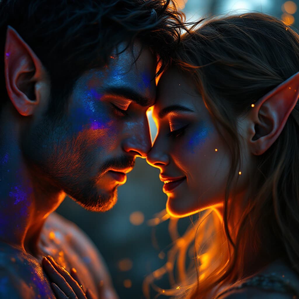 AI generated: A raw, hyper-realistic cinematic headshot of two elf lovers in an intimate embrace. Their faces are ...