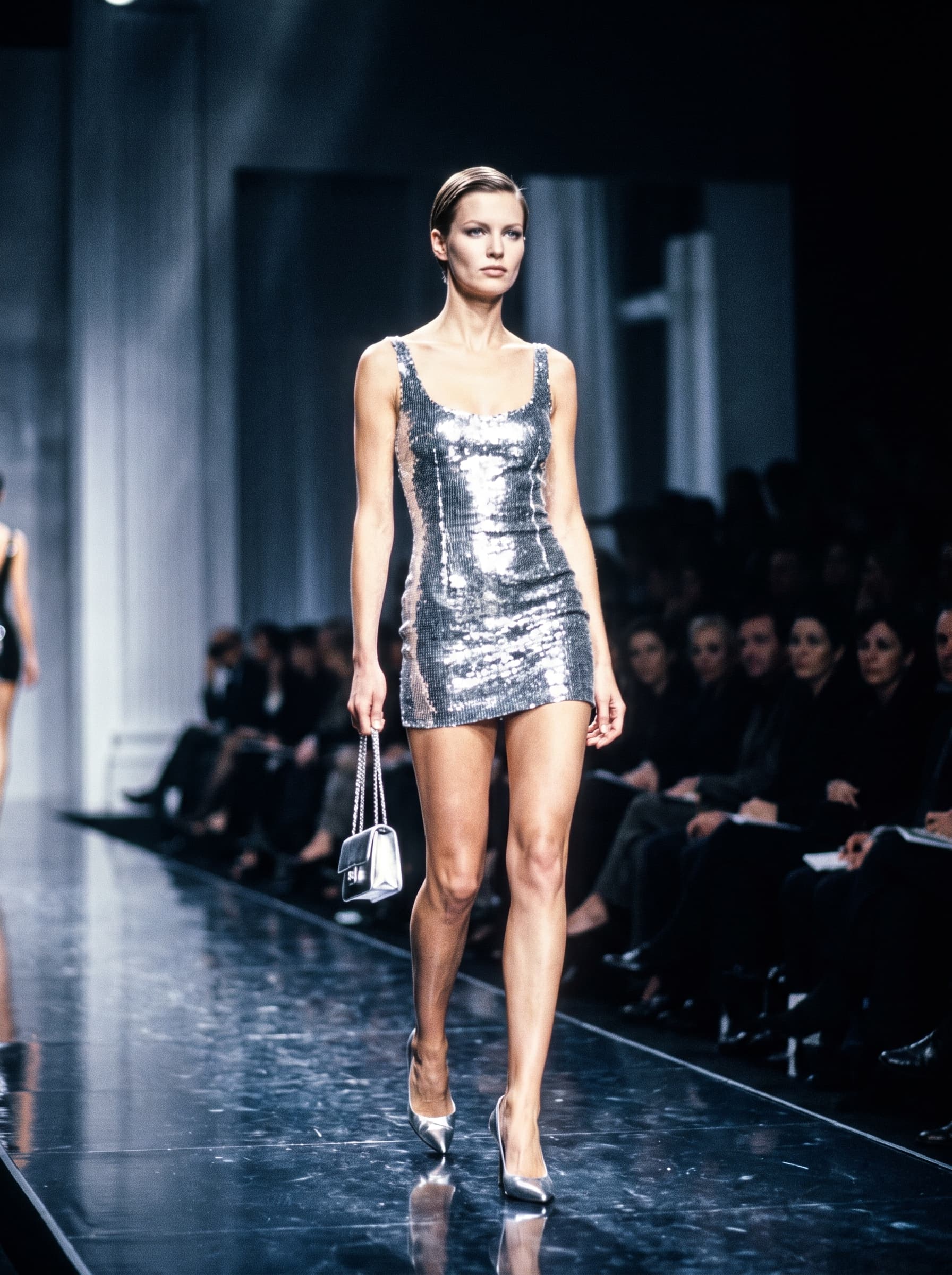 AI generated: (Nano Banana Pro) Full-body professional runway fashion photography, a stunning model wearing a tigh...