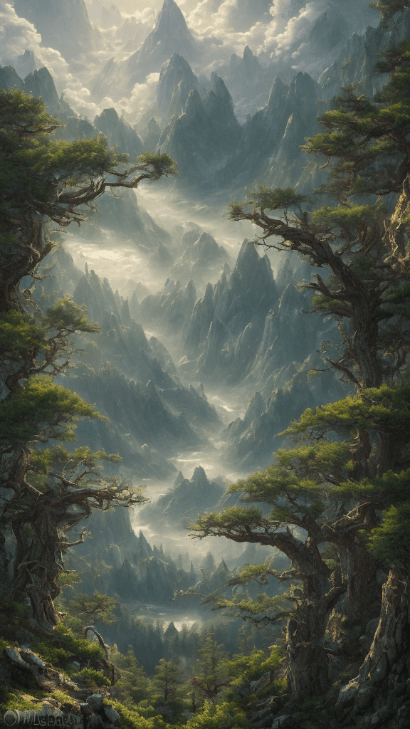 AI generated: view of a valley from the top of a mountain, spring, pine forest, clouds, fantasy, digital art, phot...