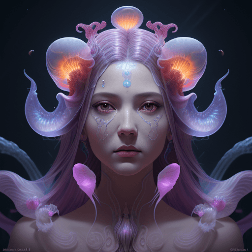 AI generated: Goddess close-up portrait ribcagel. jellyfish phoenix head, nautilus, orchid, skull, betta fish, bio...