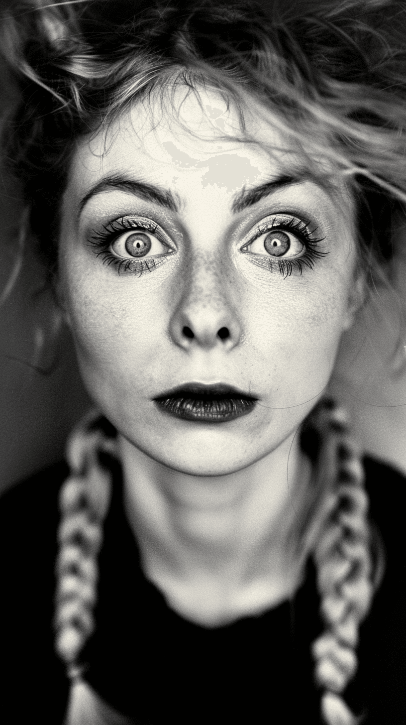 AI generated: 30-year-old Stockholm woman in Sweden , greyscale photography, round face, double eyelids, blue pupi...