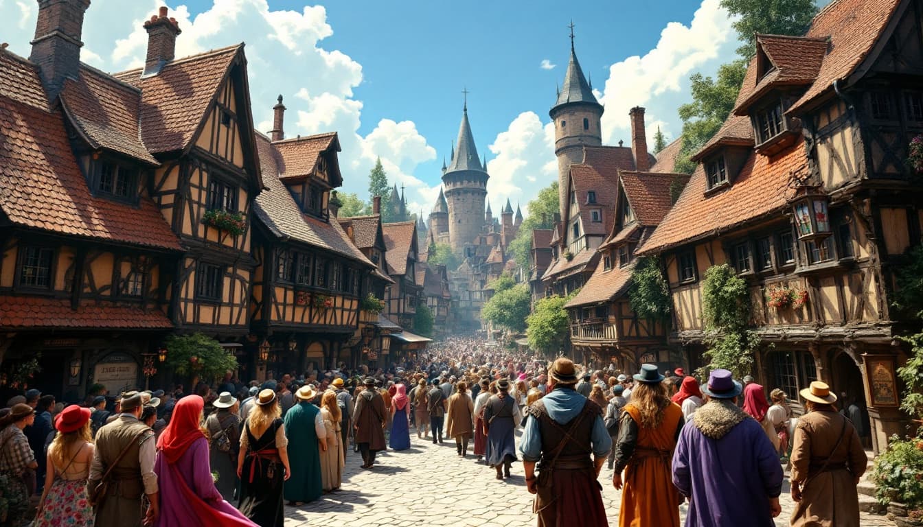 AI generated: a bustling medieval town, with a wide-angle camera perspective that captures the intricate details o...