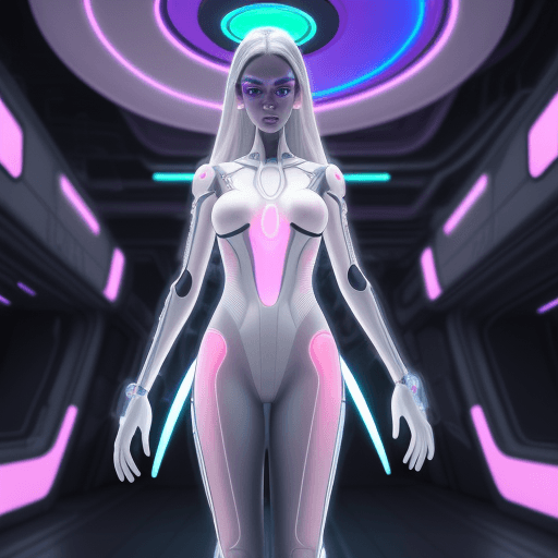 AI generated: a woman in futuristic dress is posing in front of a neon light, in the style of realistic hyper-deta...