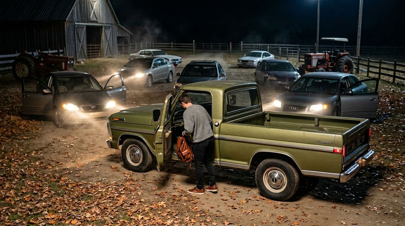AI generated: In an Autumn night at a ranch. The vintage olive green Ford pick up truck is parked between nine car...