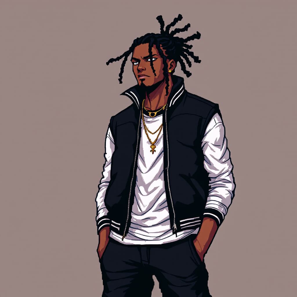 AI generated:  pixel art style of  black male with dread locs in a pony tail Kilik Rung from Soul Eater wearing  b...