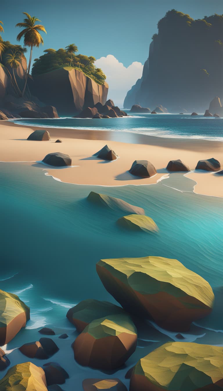 AI generated: extremely detailed CGI wallpaper, 16k, multi-textured, sea flat, dazzling , 4k, 8k, low poly rocks, ...