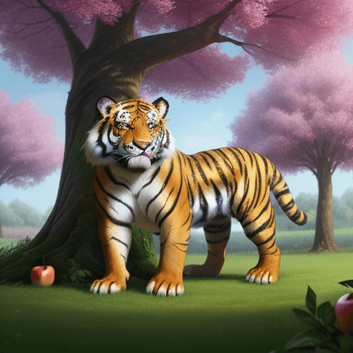AI generated: digital art of a beautiful tiger pokemon under an apple tree, cartoon style,Matte Painting,Magic Rea...