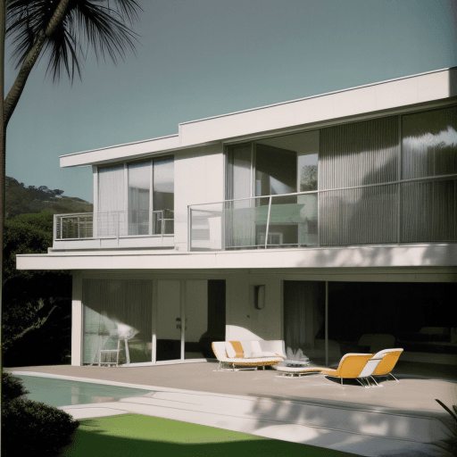 AI generated: Hyper realistic eye level exterior photo of a mid century modern style house overlooking the ocean, ...