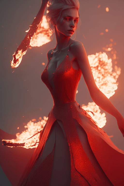 AI generated: mdjrny style v4 red ball gown, ingniting at the bottom, set on fire, perfectly redish, full body, la...