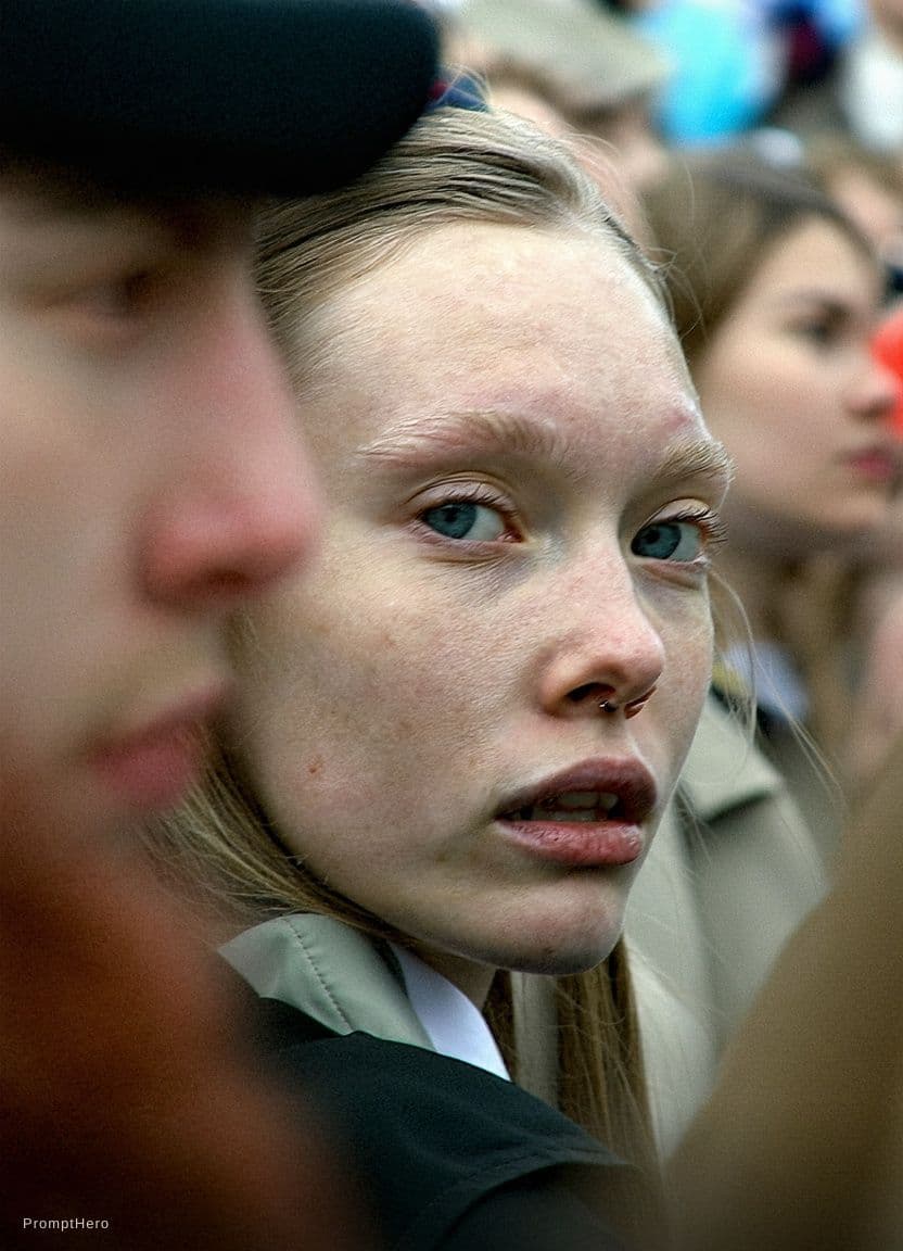AI generated: Paparazzi-style extreme close-up photo of a woman with striking facial features, caught off-guard wh...