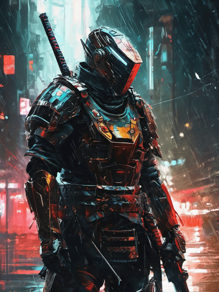 AI generated: digital wallpaper, a brutal cyborg samurai in cyberpunk armor, alone, glowing elements, intricate ar...