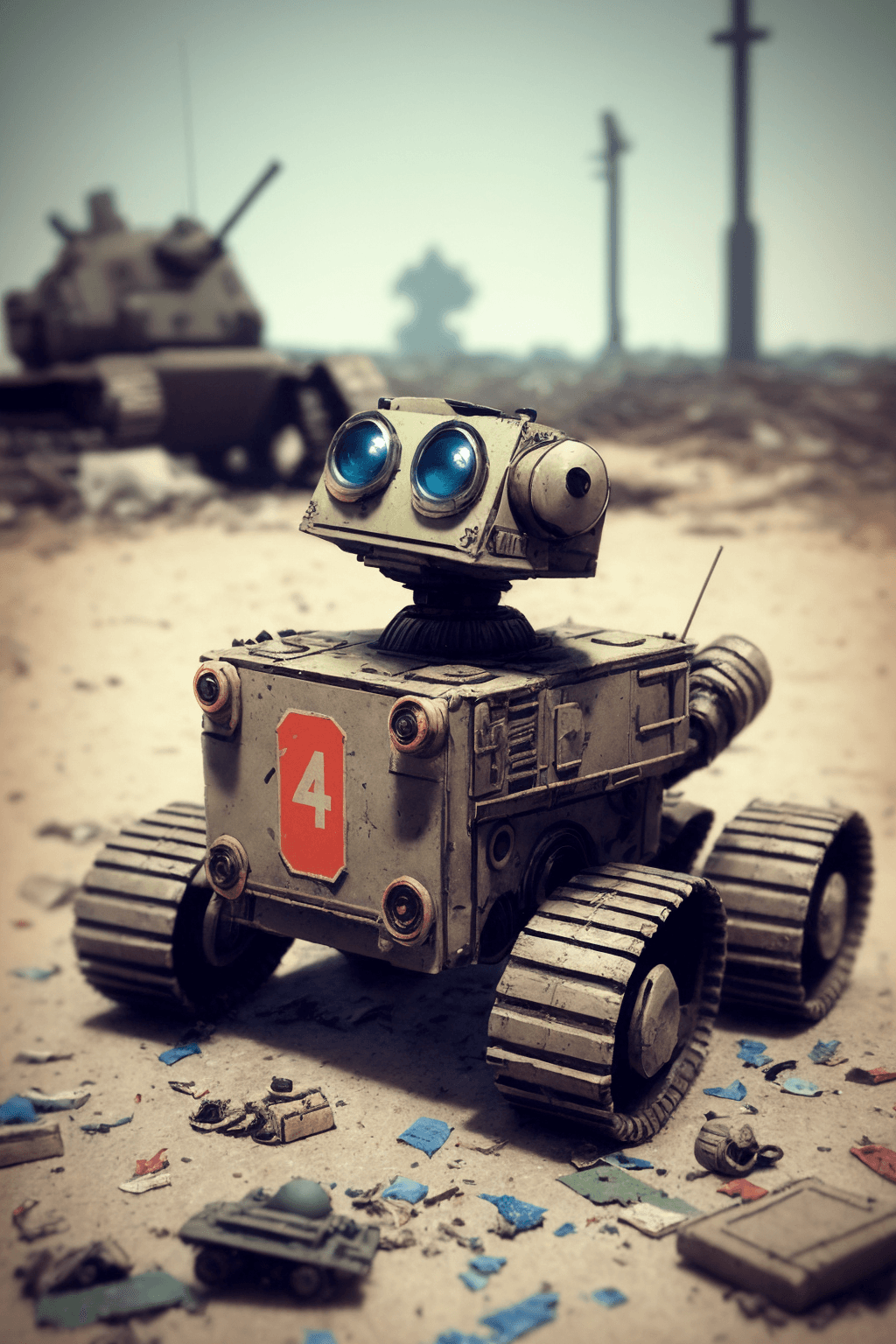 AI generated: 50mm film photography, world war first photo on the battlefield, small cute mechanical robot wall-e ...