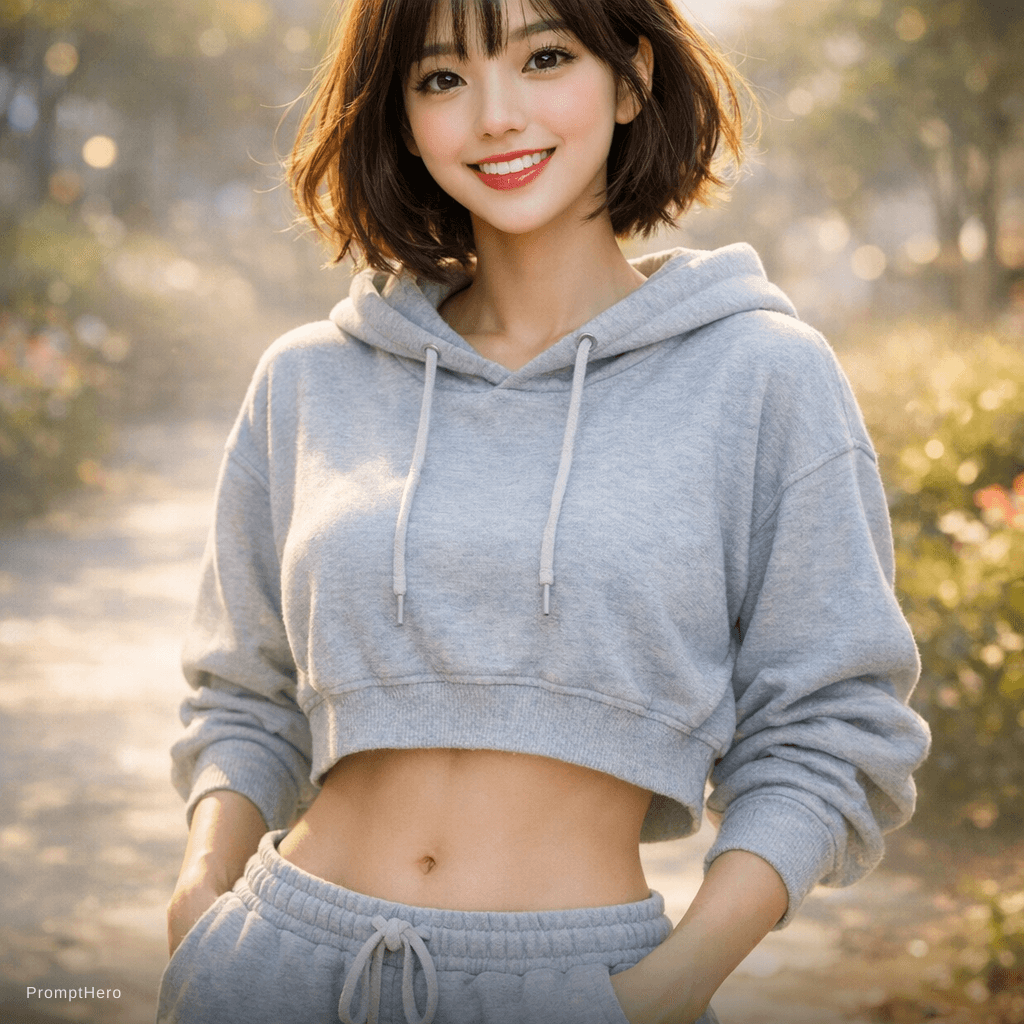 AI generated: 1 girl,beautiful Korean girl,(Cute Loose Bob hair),(wearing a cropped hoodie,capri sweatpants:1.5),(...