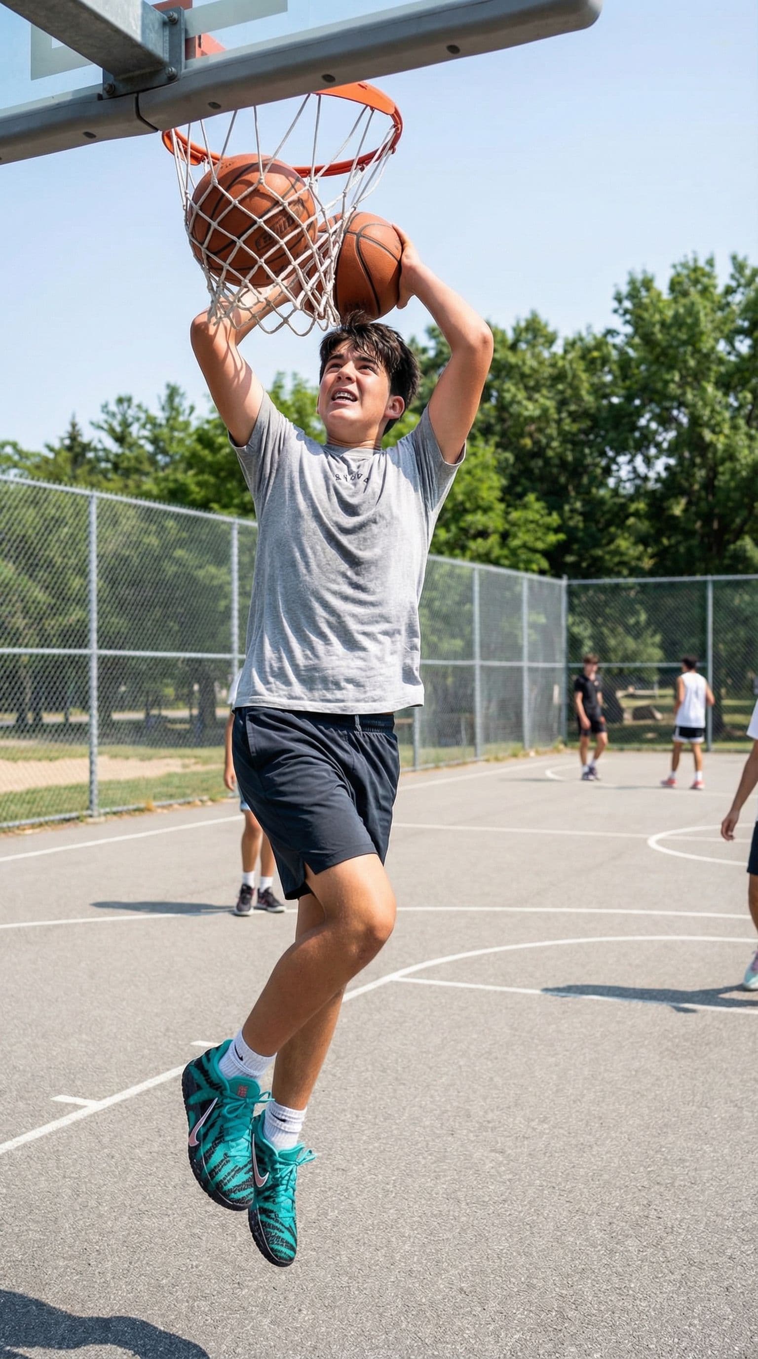 AI generated: the boy dunks in a basketball court wearing the referenced shoes