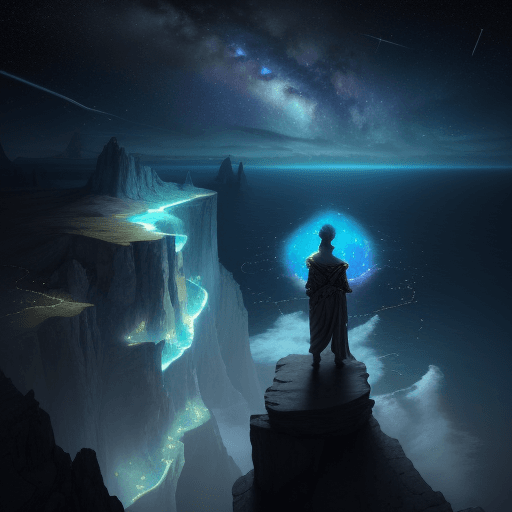 AI generated: A person from ancient times stands on a high cliff, overlooking a boundless ocean that seems to stre...