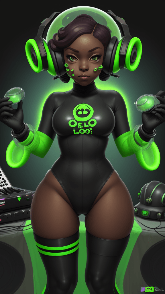 AI generated: octoling, green, Splatoon, dark skin, leotard, thick thighs, enjoys hypnotizing others, helmet, smug...