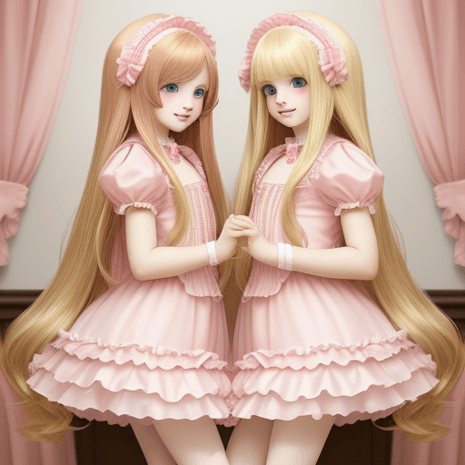 AI generated: pretty long haired sissy boys, one blonde, one redhaired, in frilly short pink dresses