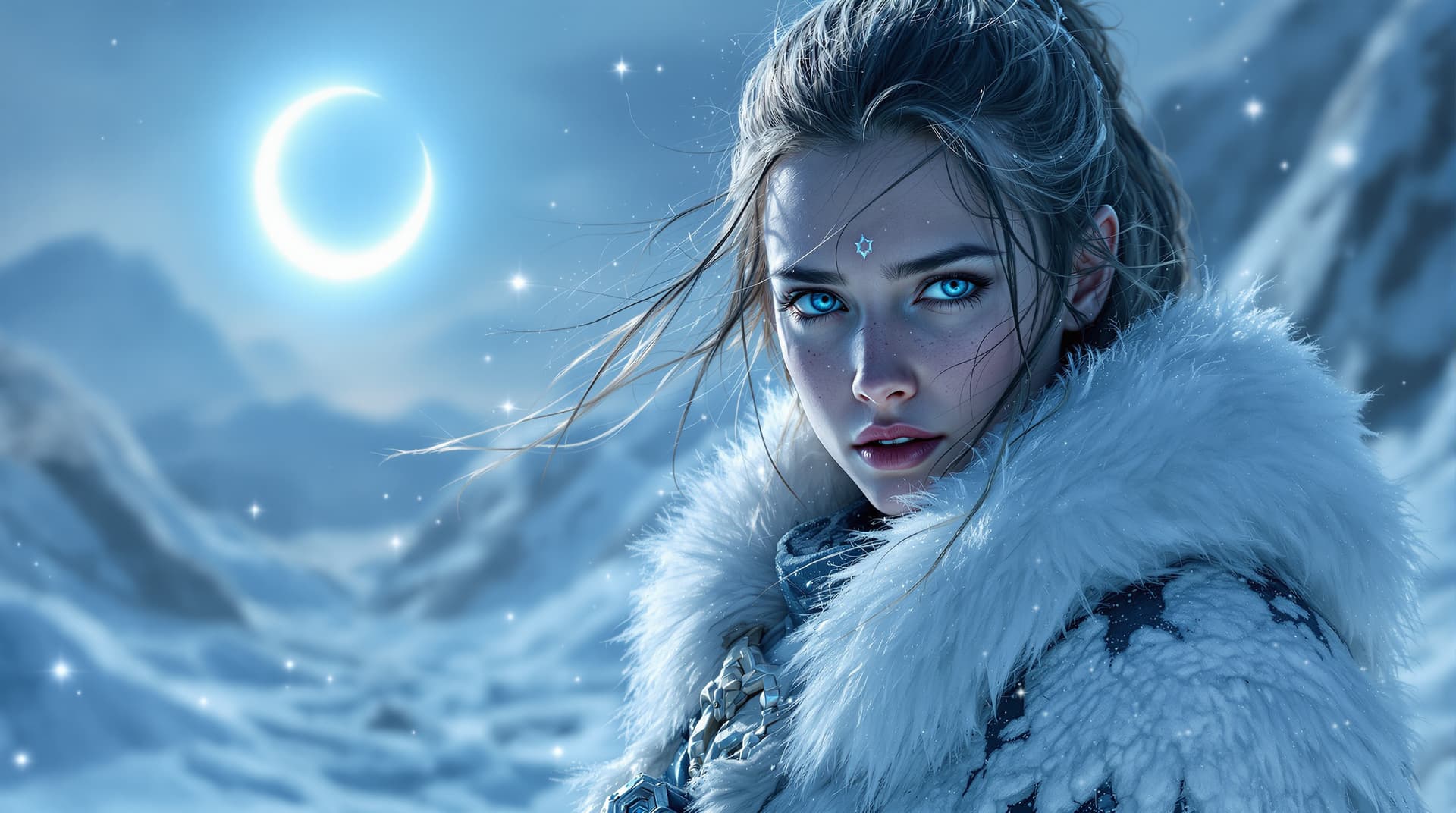 AI generated: A cinematic, ultra-realistic digital artwork featuring a young, beautiful, resilient female frost wa...