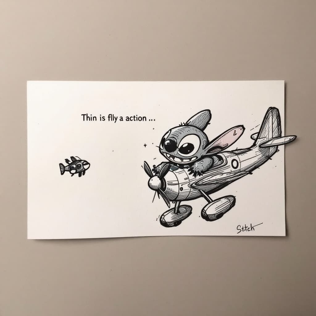 AI generated: Stitch,The action is hilarious,Pen and ink drawings,Fly a plane