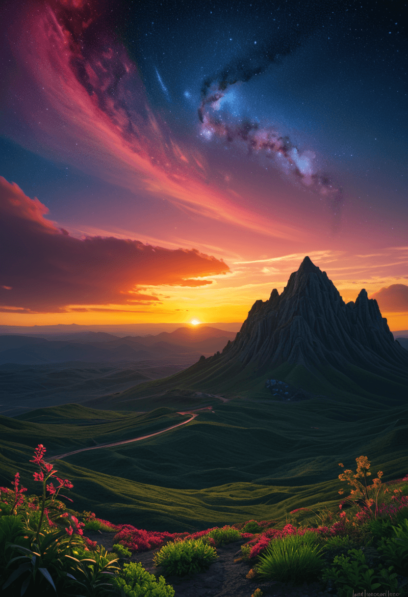AI generated: Fantasy landscape,sunset,dynamic colors,bioluminescent alien plants,nebula,highres,realistic