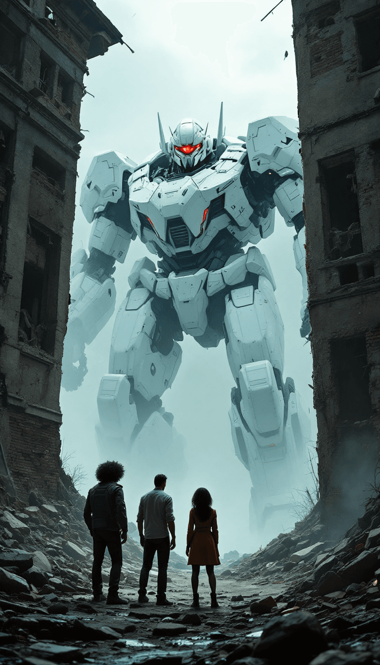 AI generated: Dystopian setting, Cinematic, 4k, massive white and red mecha robot emerging from behind a crumbling...