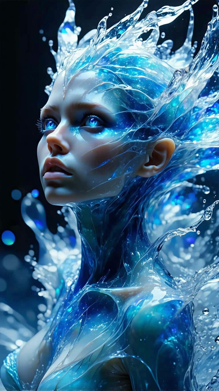 AI generated: Beautiful water Goddess made of water, realistic water hair, water skin, looking up, extremely detai...