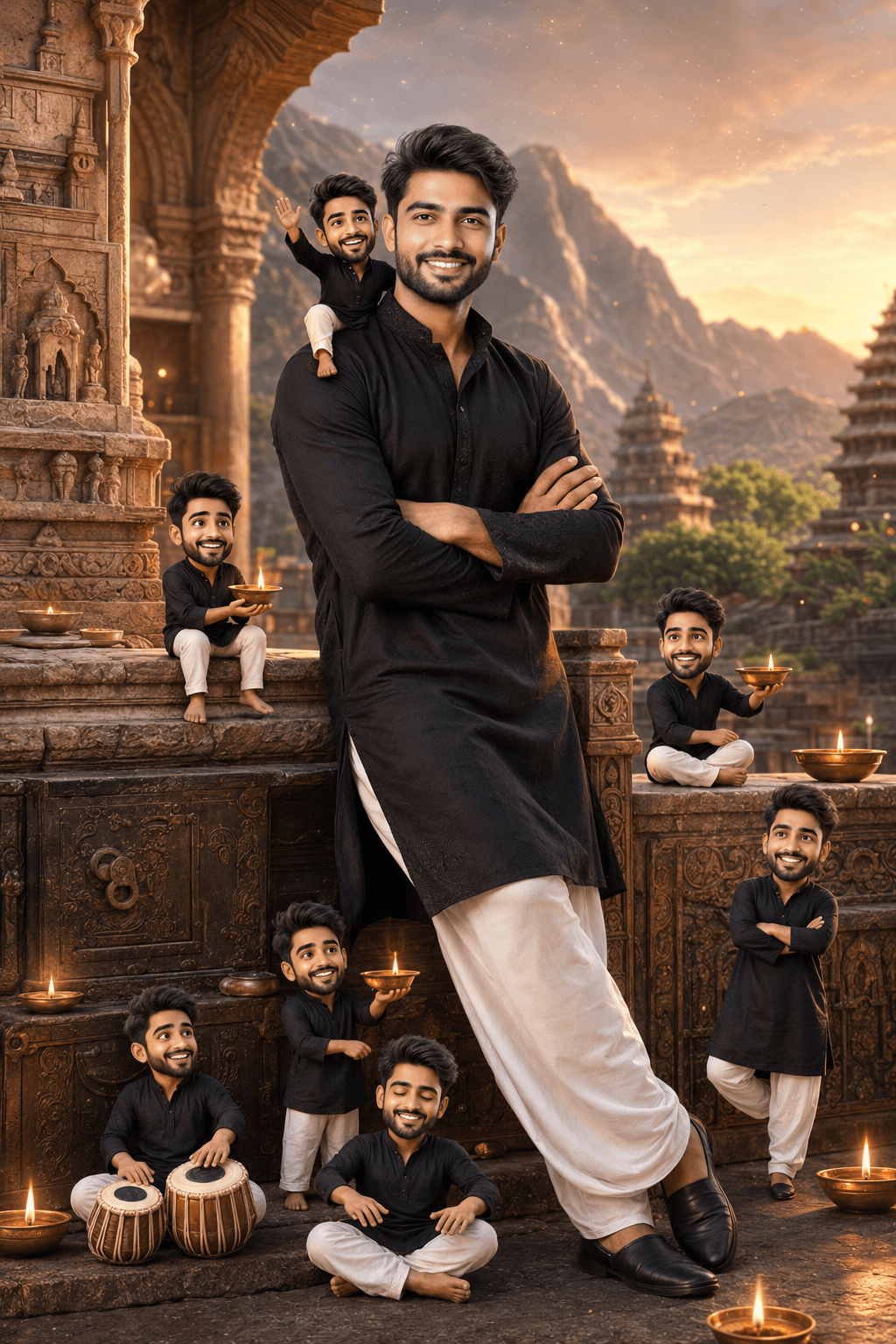AI generated: Transform this photo into a royal Indian cinematic fantasy scene while keeping the original face, po...