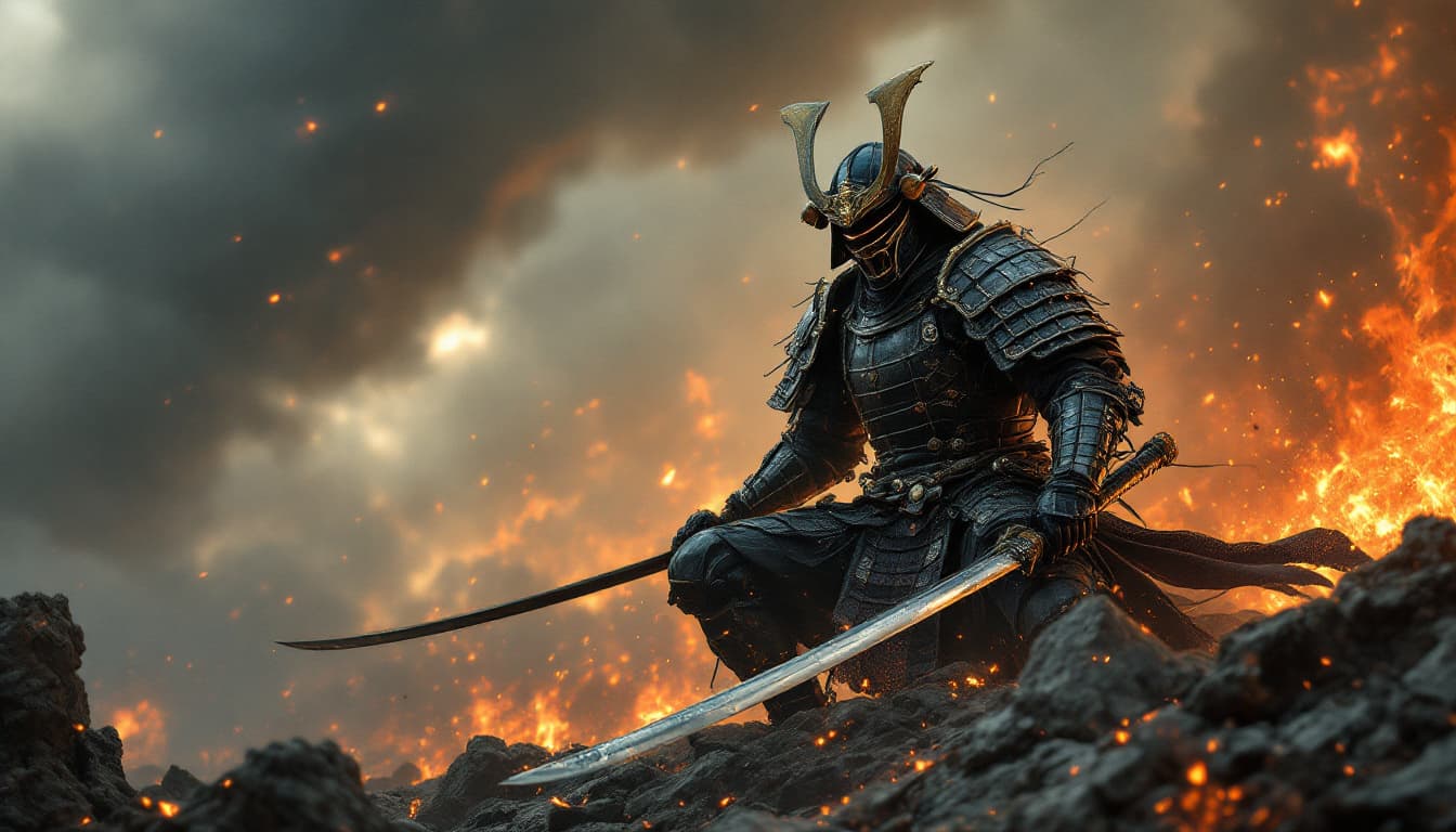 AI generated: A Samurai Clad in Solar Armor Amidst the Ashes