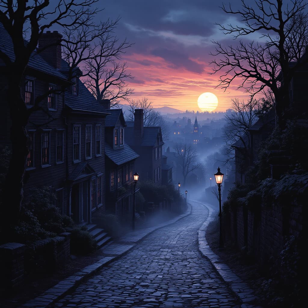 AI generated: Create an atmospheric and engaging full-width establishing shot of the town of Salem at twilight for...