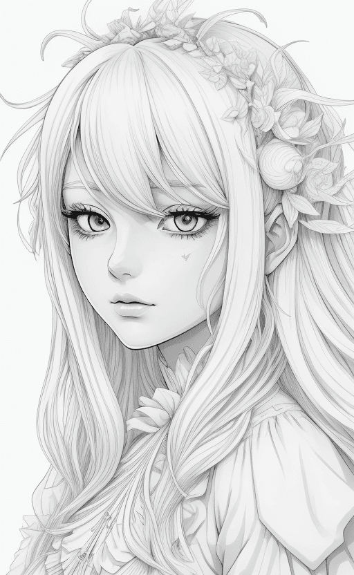 AI generated: coloring page Anime portrait clean line art, black pen line high detail,,wild dynamic white hair, wo...