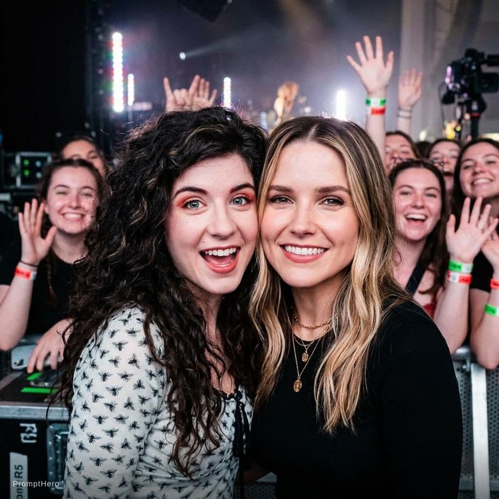 AI generated: with Sophia Bush backstage at a concert, excited fans vibe