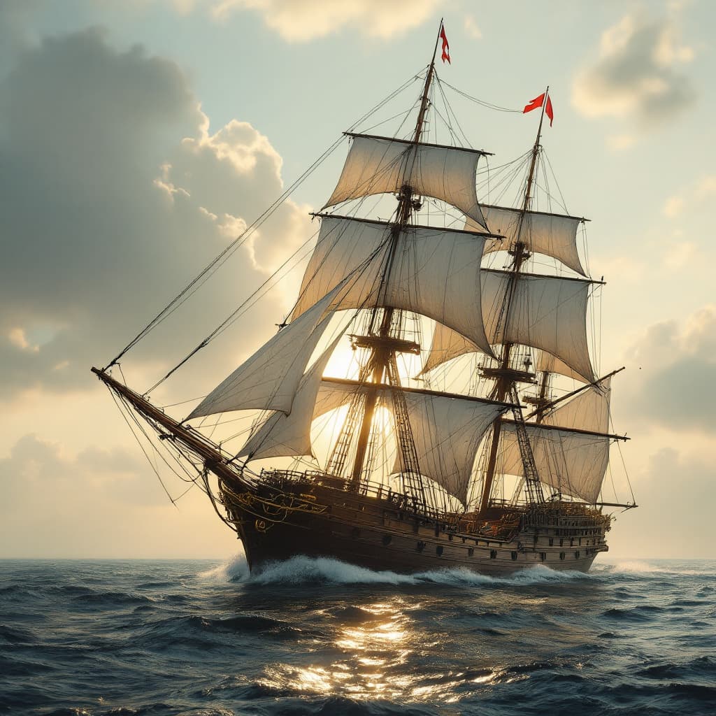 AI generated: Photo of a ultra realistic sailing ship, dramatic light, pale sunrise, cinematic lighting, battered,...