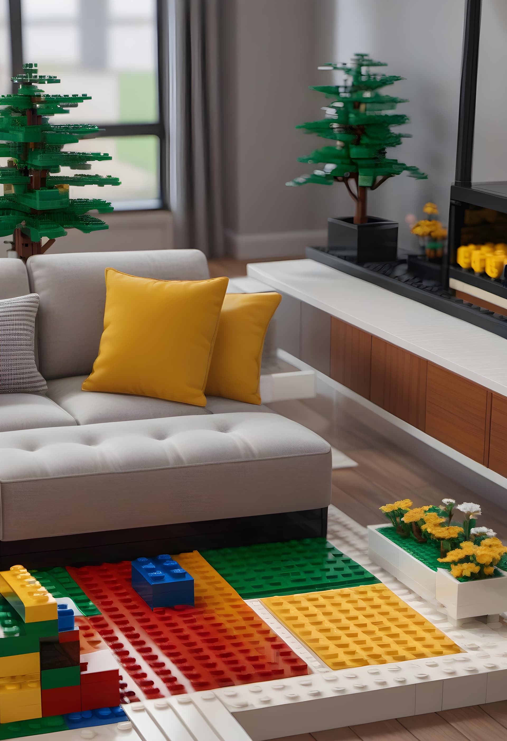 AI generated: The interior of a  Lego house in a living room scene, lego set, highly detailed, lego futniture, int...
