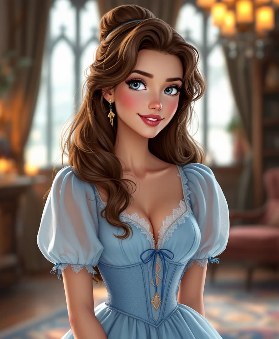 AI generated: High resolution classic disney  cindrella style illustration of a beautiful women, brown hair, weari...