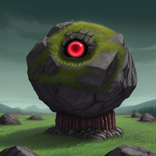 AI generated: living rock monster. 
red eye and rock like lags. standing in grass field.