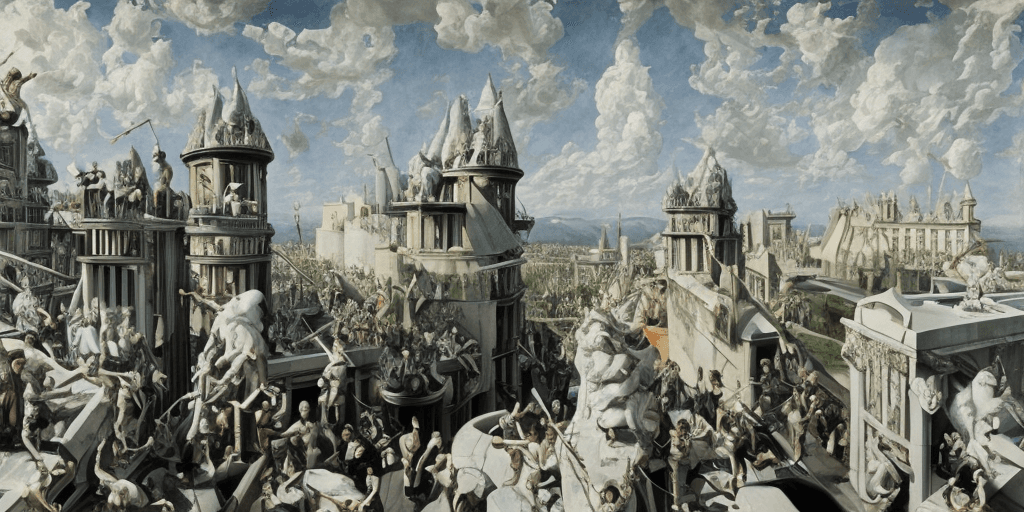AI generated: painting, rooftop, neo rauch, painting with incomparable reality, intricate details
