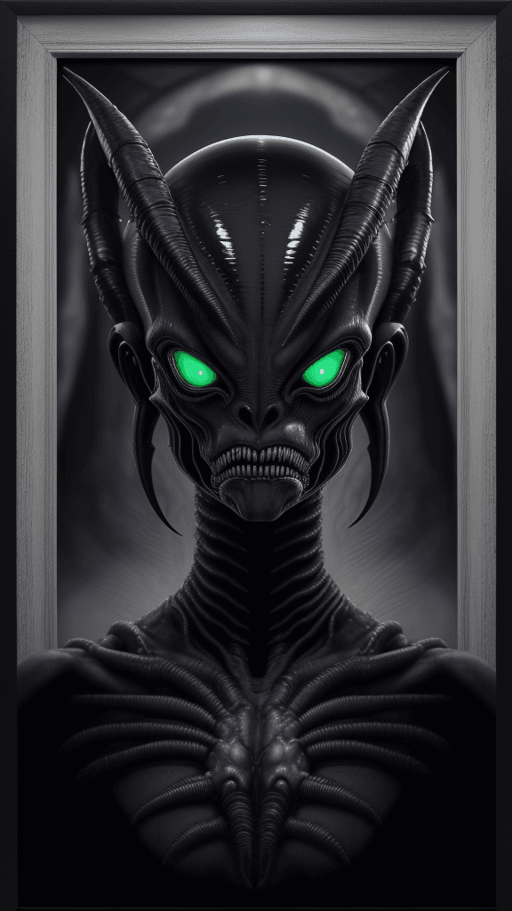 AI generated: "Ghastly-inducing Xenomorph RFKTR-style headshot framed((club card)):2.2 featuring H.R. Giger's mast...