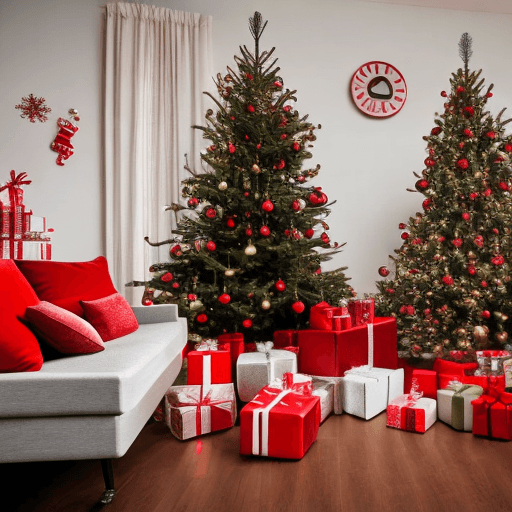 AI generated: Cosy living room with christmas tree and red gifts in modern interior. Merry christmas background