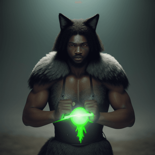 AI generated: black man trains soldiers wearing wolf pelts to fight with green glowing magic, hyper-realism, high ...