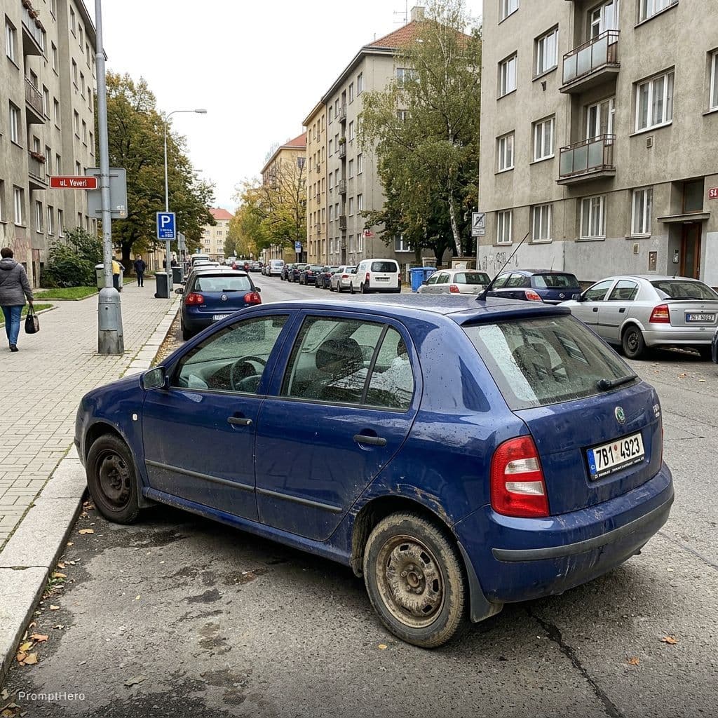 AI generated: smartphone photo taken by a random person on the street, a random common European car parked on a re...