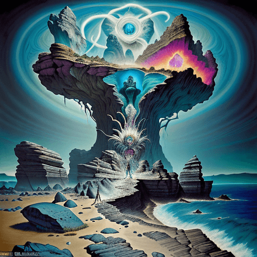 AI generated: The Rocks Of The Eternal Shore || in the styles of Otto Rapp and Gerald Scarfe and Hipgnosis, intric...