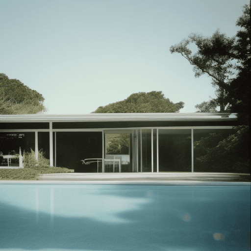 AI generated: Hyper realistic eye level exterior photo of a mid century modern style house overlooking the ocean, ...