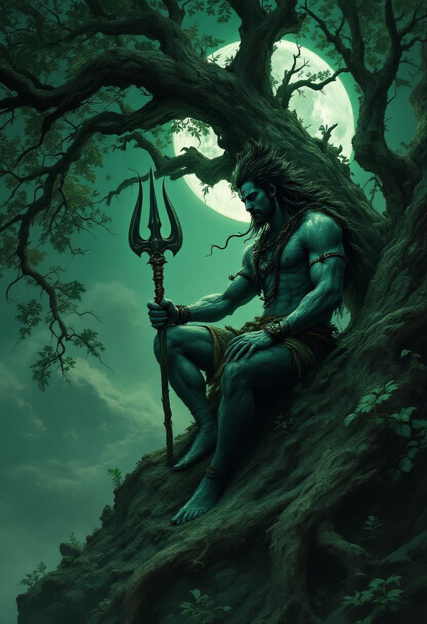 AI generated: A closeup of lord shiva figure sits on the edge of an old tree, holding a big trishul in one hand, u...