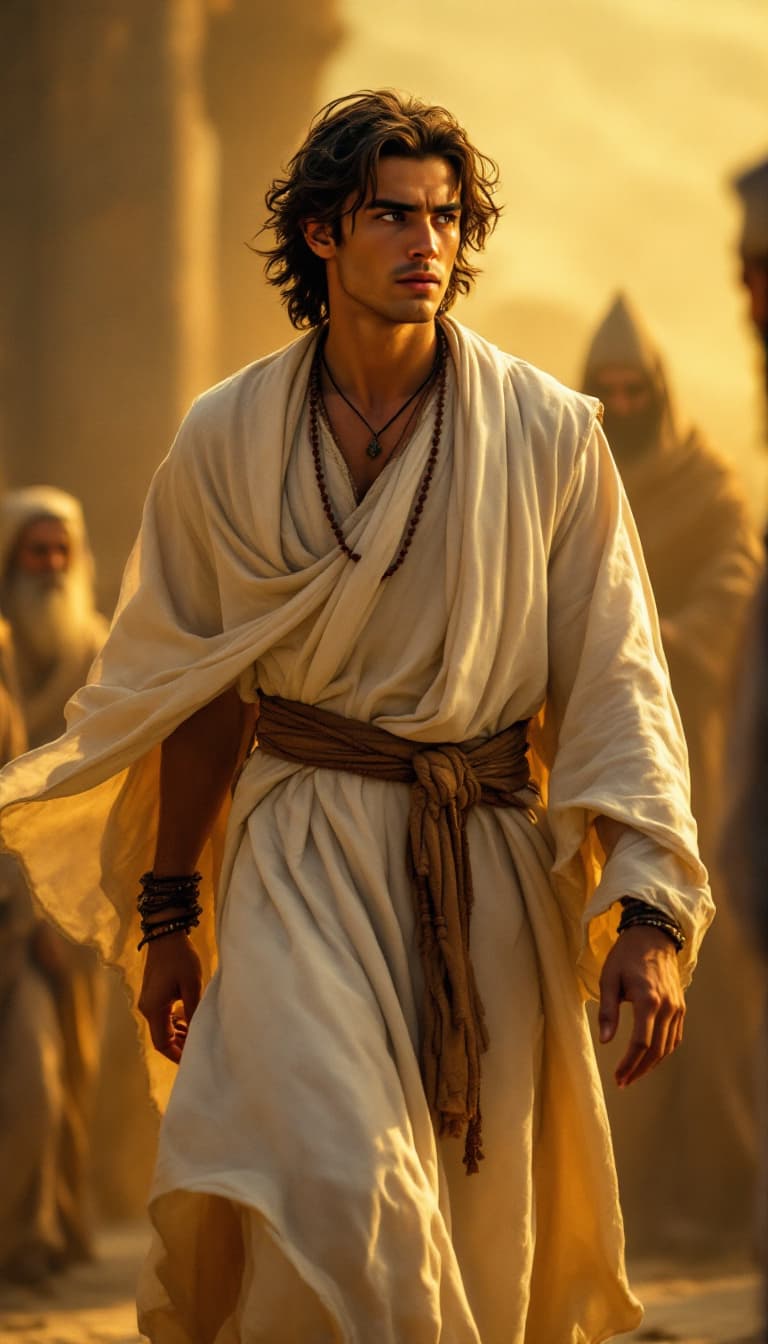 AI generated: Description: The Young Man (tan-skinned Iranian, sharp dark eyes, strong brows, white flowing robe, ...