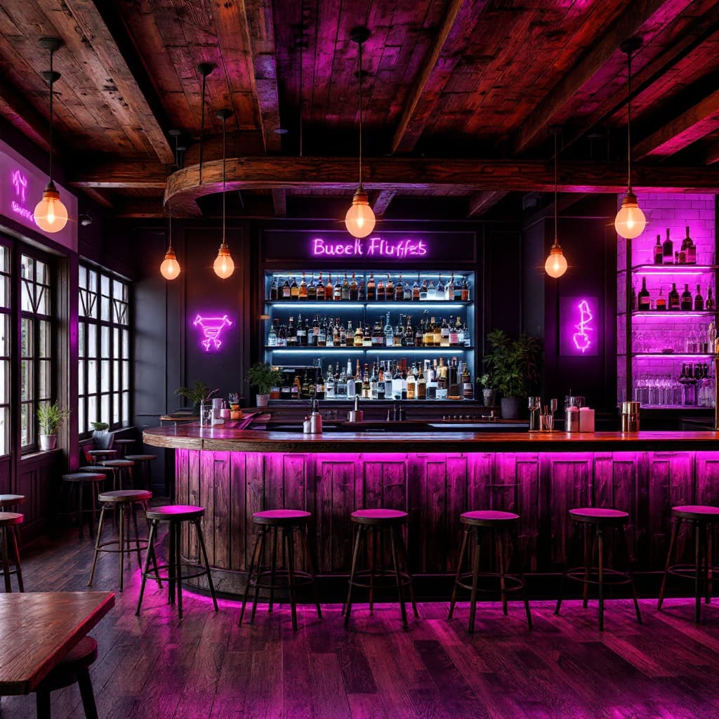 AI generated: a wooden bar with violet neon lights tilted like a buffetsymmetrical artwork. cinematic, hyper reali...
