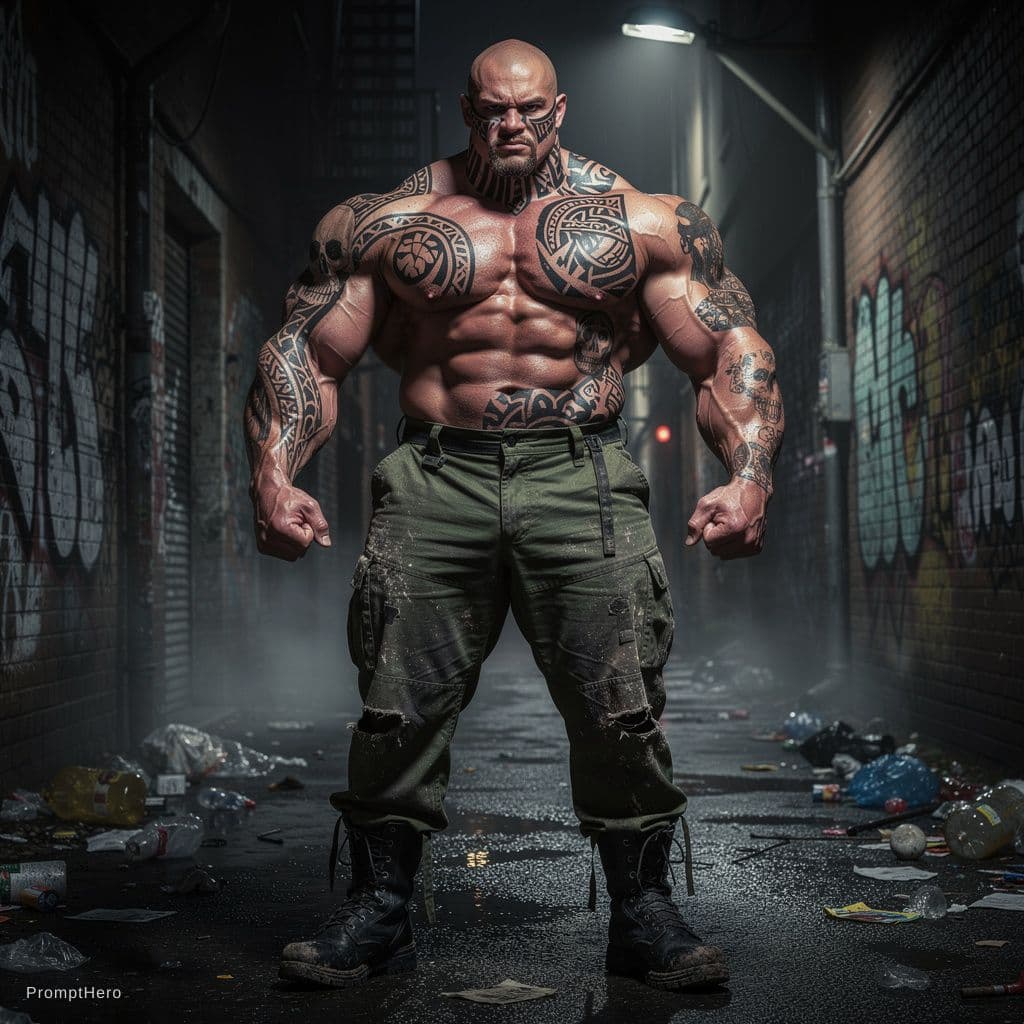 AI generated: Huge bodybuilder muscles like ronnie Coleman big muscles big pecs like balloons make a coloss make a...