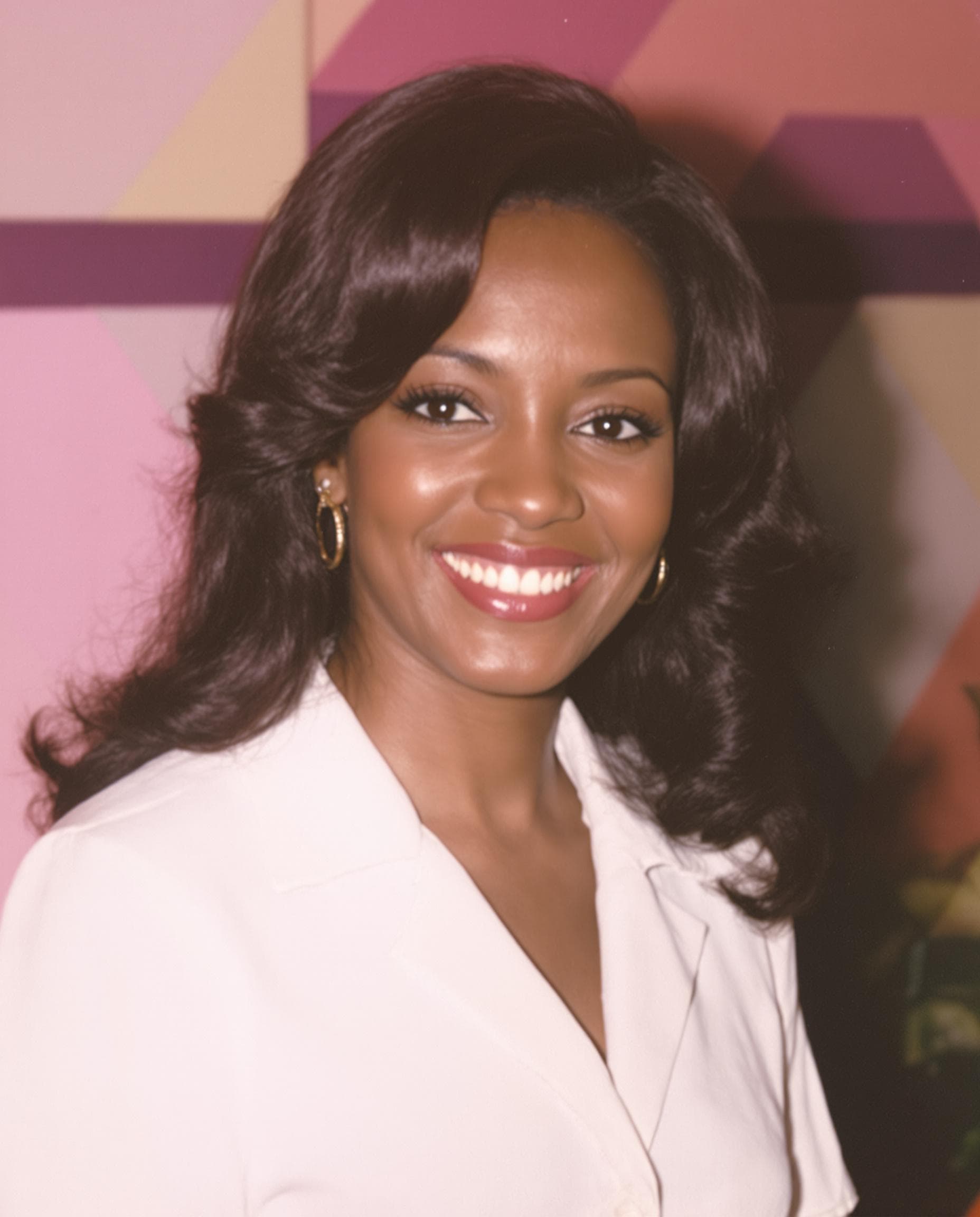 AI generated: A photo of an African American woman with long, wavy hair in the style of 1960s fashion. She is wear...