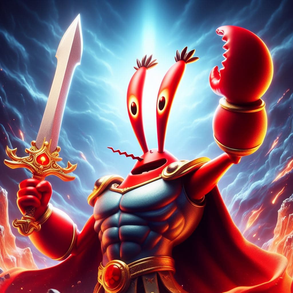 AI generated: Mr.Krabs is the mightiest god with a sword, red eyes, heroic pose action, divine and celestial light...
