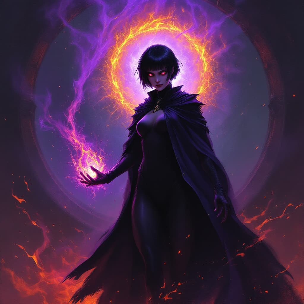 AI generated: simple painting in the style of warhammer 40k of a female psyker, standing infront a gothic circh, c...