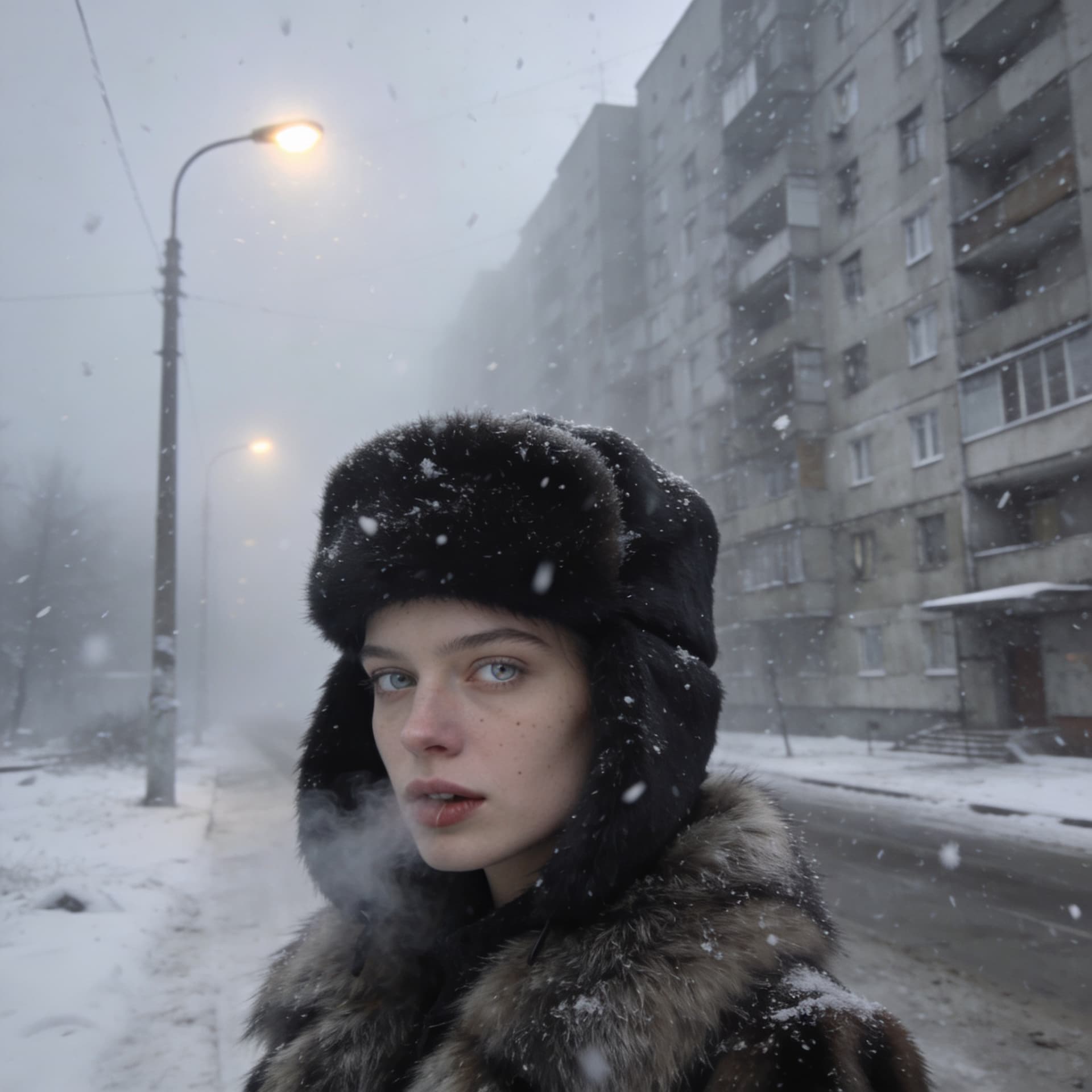 AI generated: Ultra realistic street photography, Soviet Union era architecture, massive brutalist concrete apartm...